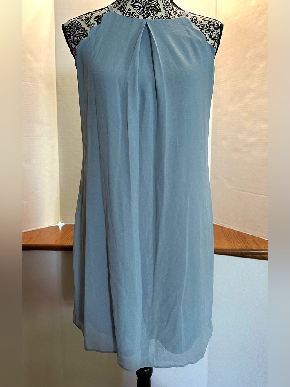 I.N. San Francisco Pale Blue Pleated Scalloped Chiffon Dress